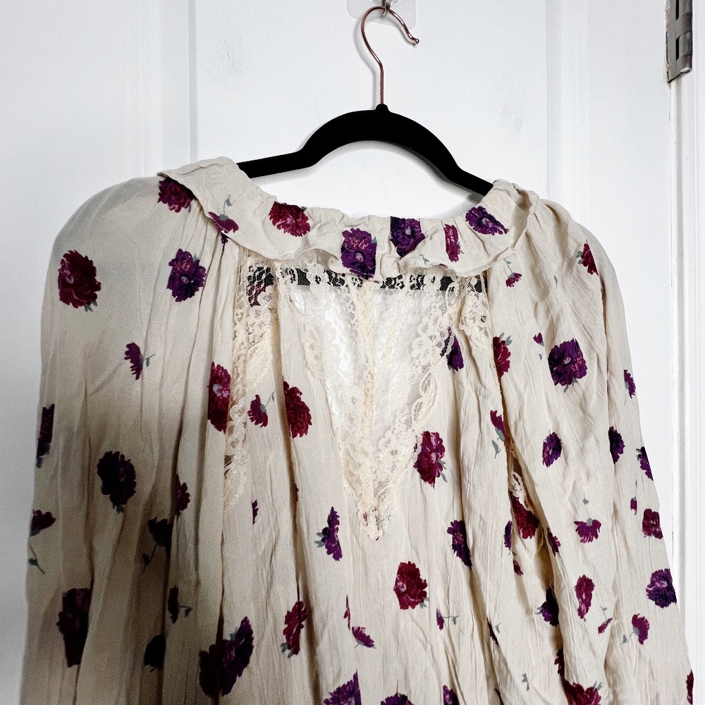 Free People Floral Poppy Printed Bodysuit Ruffle lace Cream Size S Pink - Picture 5 of 14